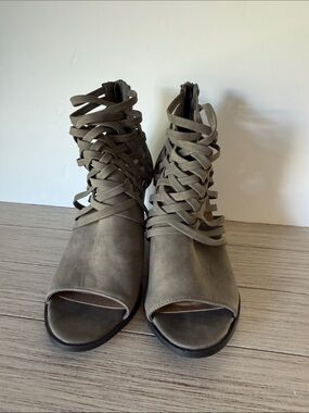 Diba Olive Strappy Peep-Toe Ankle Heels